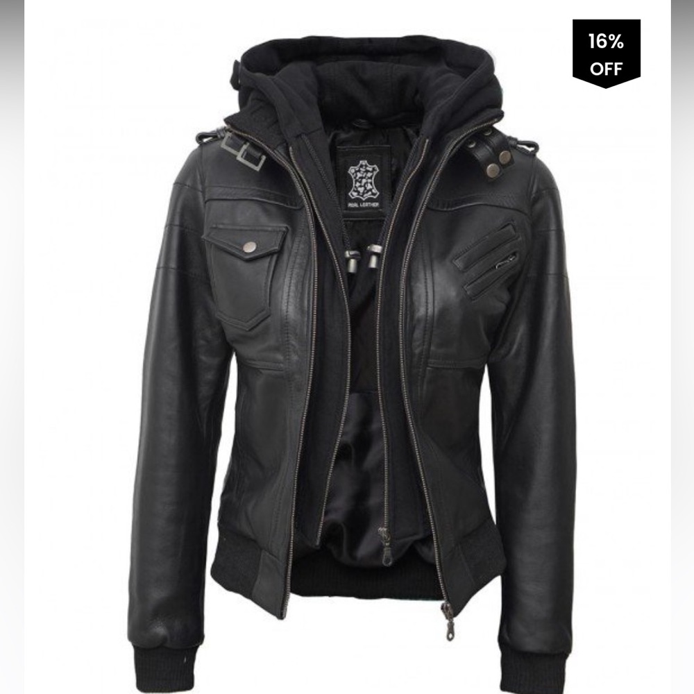 Angel Jackets Black Leather Bomber Jacket with Hood size XL